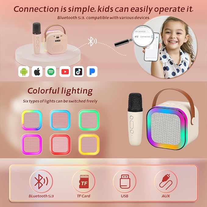 Karaoke Machine for Kids Adults, Mini Portable Blue-Tooth Karaoke Speaker with Wireless Microphone and Dynamic Lights Birthday Gift Home KTV Outdoor Travel